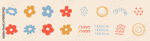 Sets of flowers with abstract elements, hand drawn