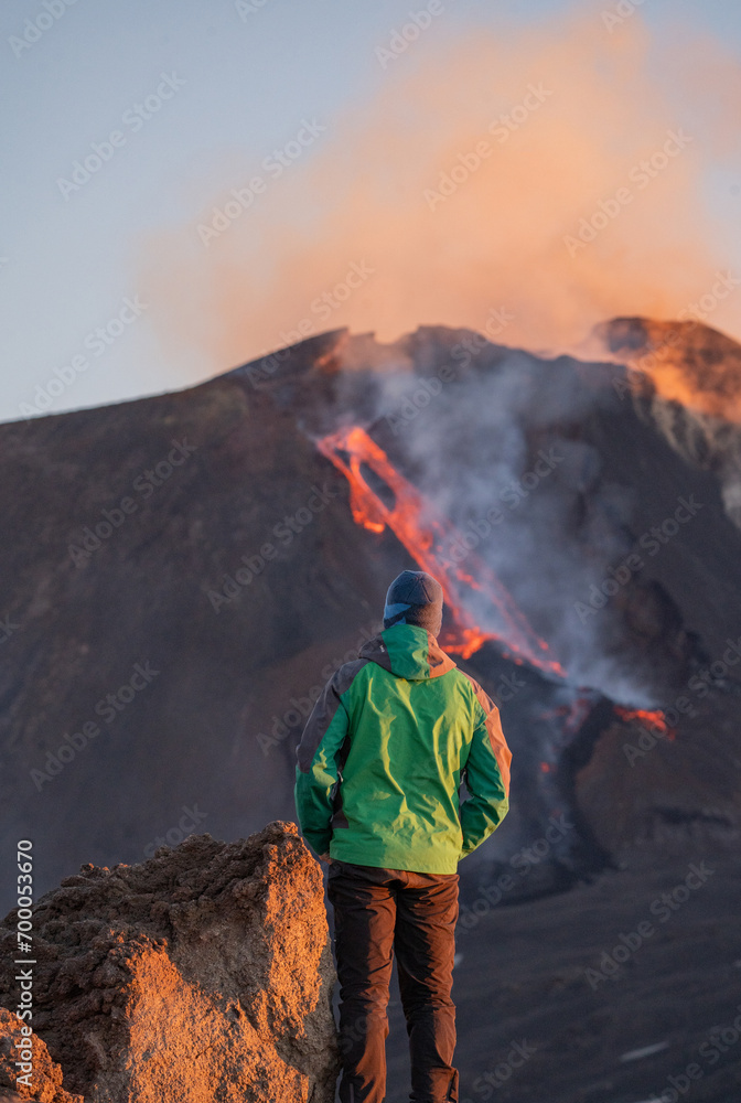 Eruptive vent with lava emis at the top of the Etna volcano