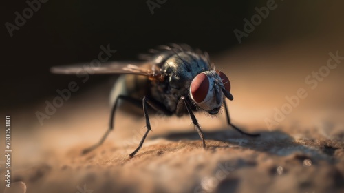 Macro view of black house fly on wooden background