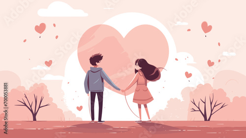 copy space, simple vector illustration, hand drawn, boy and girl with heart shape or heart shaped ballon. Beautiful background or for valentine’s day. Beautiful background. Valentine’s card.