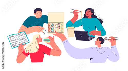 Group of students studying and eating