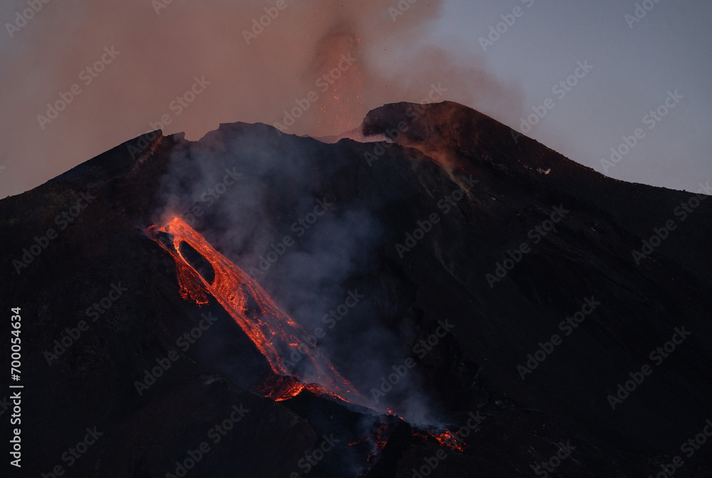 Eruptive vent with lava emis at the top of the Etna volcano