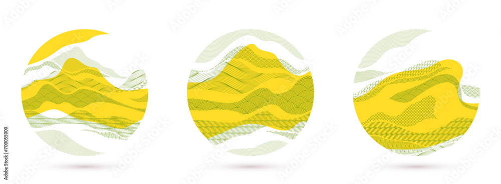 Nature art oriental Japanese style vector abstract backgrounds set in yellow color in a shape of circle, runny like water shapes and lines with textures. Nature art oriental Japanese style vector abstract backgrounds set in yellow color in a shape of circle, runny like water shapes and lines with textures.