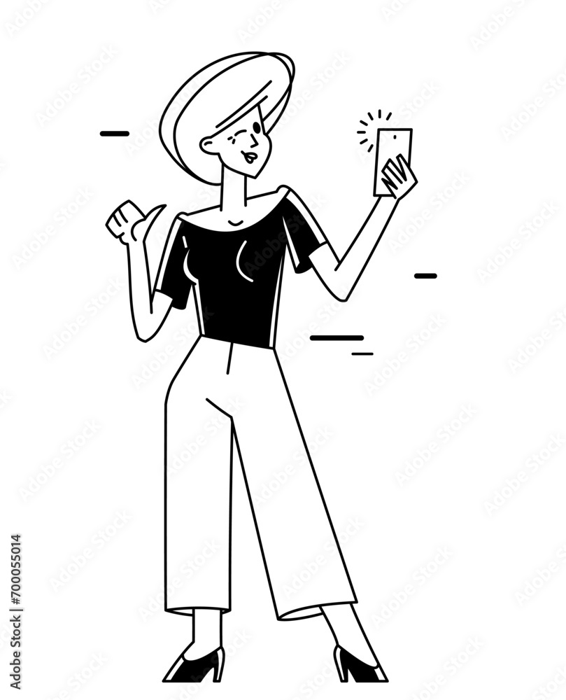 Young person with mobile cell phone doing some online job or chatting in messenger or social media vector outline illustration. Young person with mobile cell phone doing some online job or chatting in messenger or social media vector outline illustration.