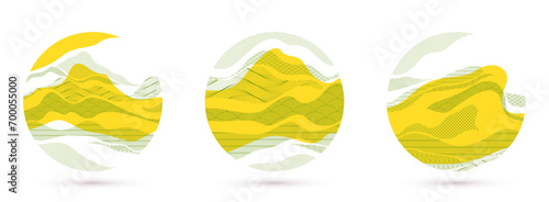 Nature art oriental Japanese style vector abstract backgrounds set in yellow color in a shape of circle, runny like water shapes and lines with textures.