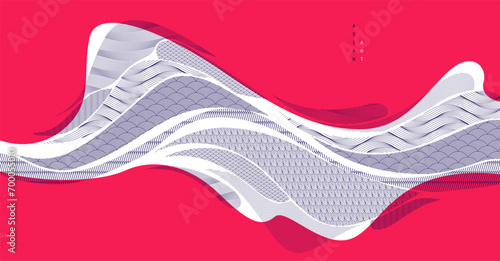 Oriental Japanese style vector abstract illustration in red color, background in Asian traditional style, wavy shapes and mountains terrain, runny like sea lines.