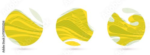 Abstract oriental Japanese art vector backgrounds set in yellow color in shape of circle, traditional style design, wavy shapes and mountains terrain landscape, runny like sea lines.