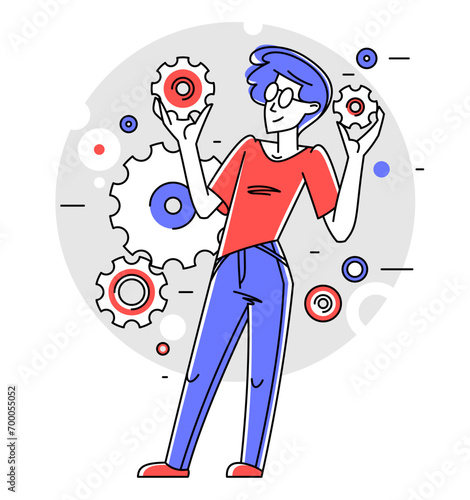 Mechanic engineer working on a draft plan vector illustration, inventor or repair job, engineering machine industry, system technician.