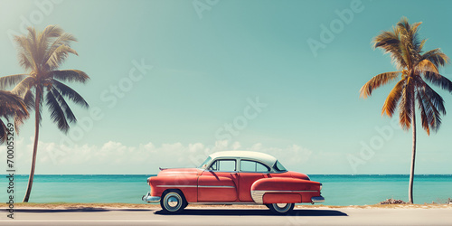car on the beach, rad old car on the beach, Havana, cuba. classic american car against the background of palm trees in the bright sun in the evening in havana against the background , generative AI