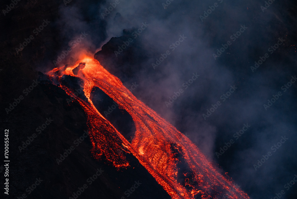 Eruptive vent with lava emis at the top of the Etna volcano