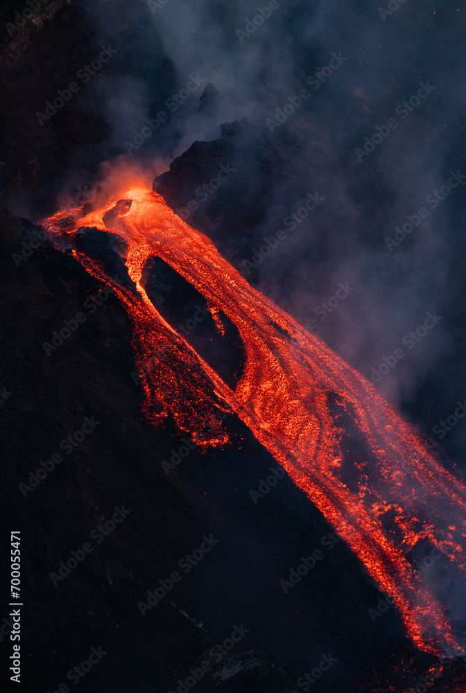 Eruptive vent with lava emis at the top of the Etna volcano