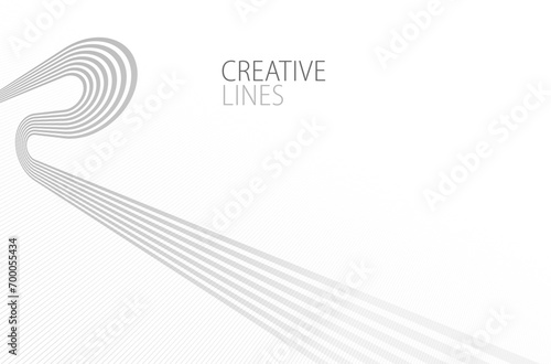 Lines in perspective vector abstract background in light grey and white monochrome, 3D dimensional stripes with smooth gradient and wavy motion.