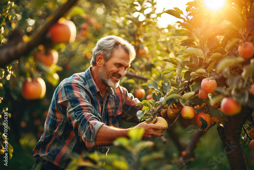 happy elderly man picking red apples in apple orchard photo