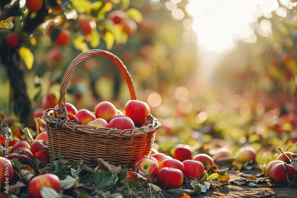 Red apples in a wicker basket in an apple orchard Red apples in a wicker basket in an apple orchard