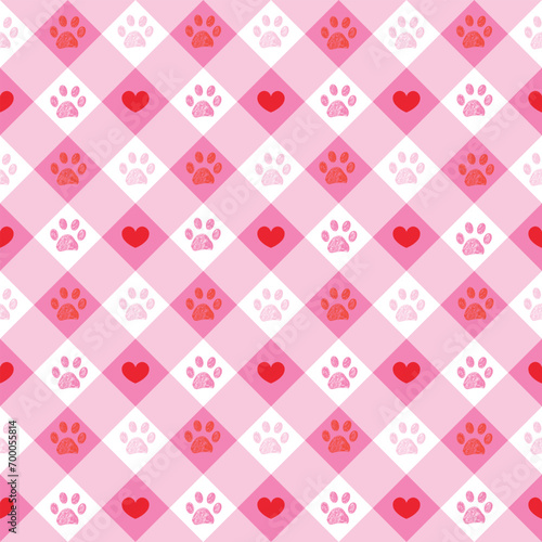 Happy Valentine's Day paw and heart plaid seamless retro design pattern