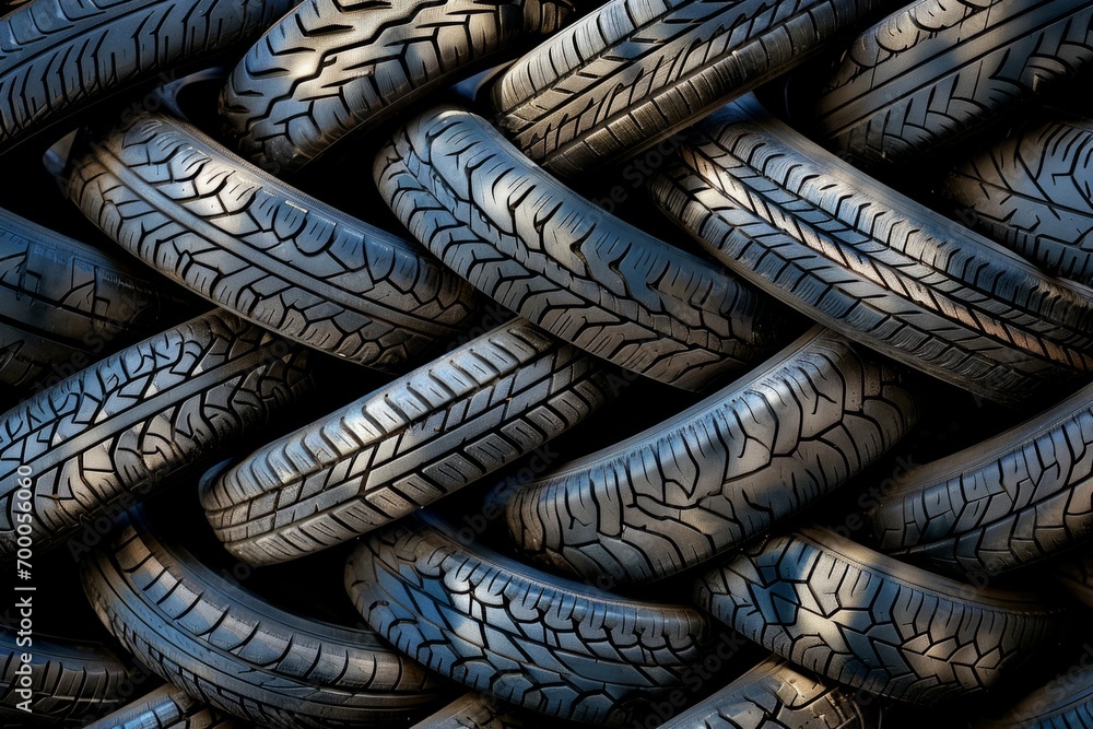 Stack of various car tires showcasing different tread patterns