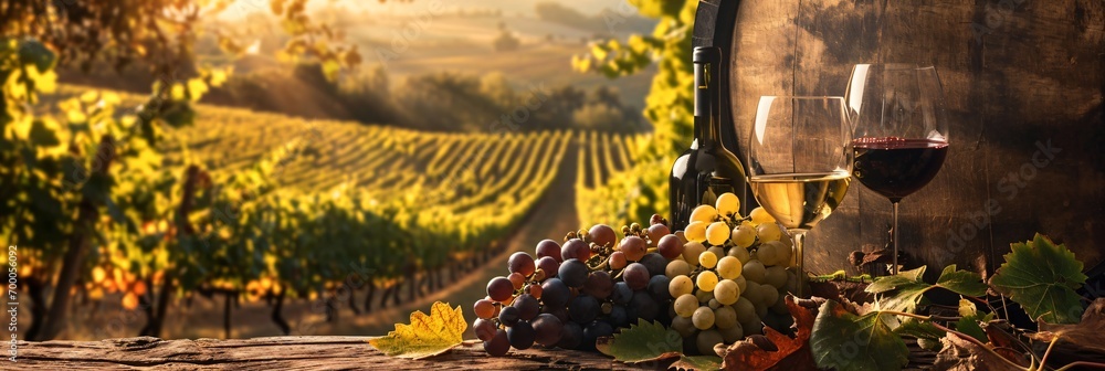 a dreamy winery in tuscany, wonderful tasty italian wine, glass and wine bottle - obrazy, fototapety, plakaty 