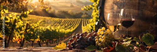 a dreamy winery in tuscany, wonderful tasty italian wine, glass and wine bottle photo