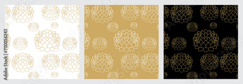 Set of Golden Lotus Flower Seamless Pattern