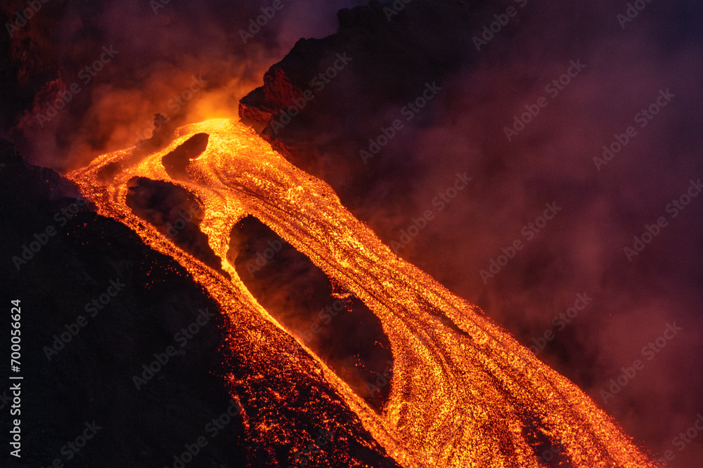 Eruptive vent with lava emis at the top of the Etna volcano