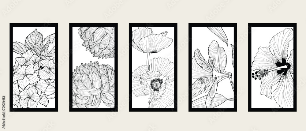 Illustration with big collection of spring and garden flowers frame background. Hibiscus, hydrangea, magnolia, poppy and tropical. Decorative element, card, logo, poster.