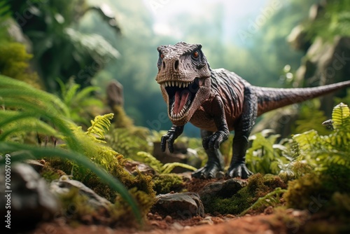 Dino Realms: Toy Figures of Dinosaurs and People in the Real World. Prehistoric concept small toy scene with macro photo miniature of toy dinosaurs and people coexisting in a realistic miniature worl © leographics