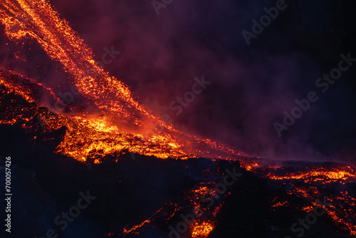 Eruptive vent with lava emis at the top of the Etna volcano