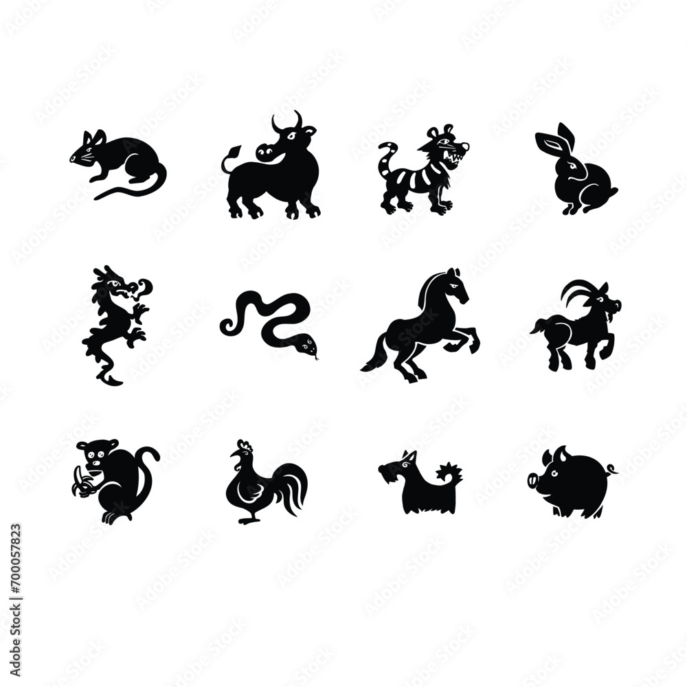 Naklejka premium Set of eastern horoscope symbols silhouettes vector illustration