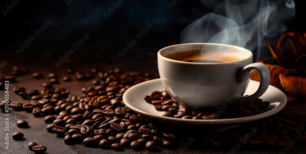 cup of coffee with coffee beans on the table cup of coffee with coffee beans on the table