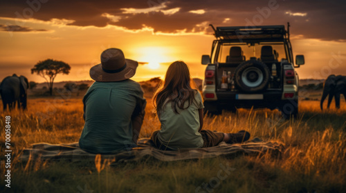 couple sitting on the floor Grass and a jeep in the grass field with wild animals in the background, the sunset. © ND STOCK