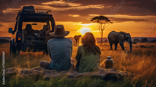 couple sitting on the floor Grass and a jeep in the grass field with wild animals in the background, the sunset.