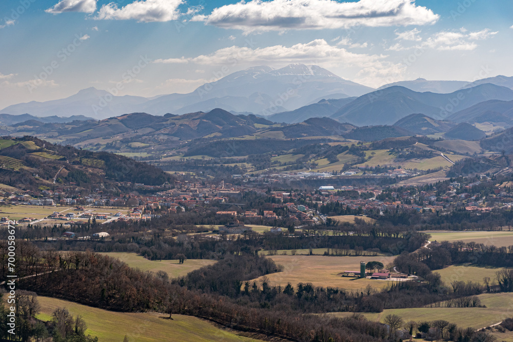Panoramic view across the Metauro valley with the town Urbania; mount Catria in the background