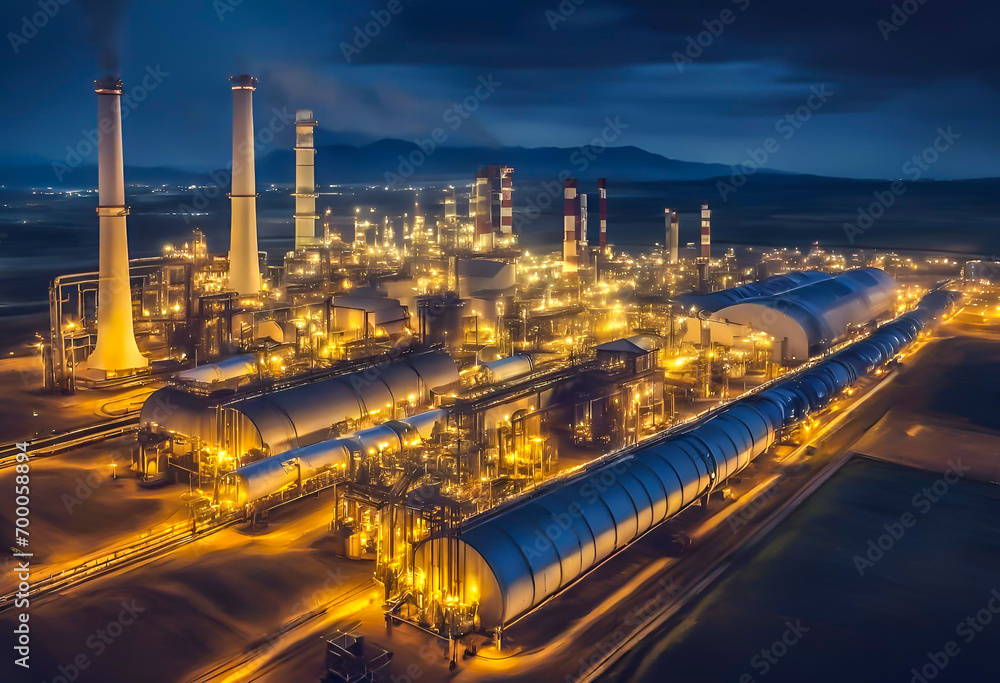 Oil refinery plant and industrial factory building with sky background at night, pipeline for transport oil and gas.