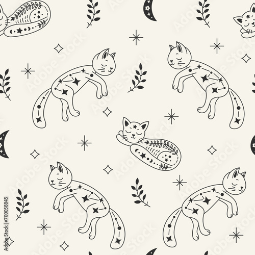 Pet loss seamless pattern with cats in doodle style. Cute hand drawn endless background with sleeping kittens in heaven, stars, moon, crescent and branches. Repeat vector illustration