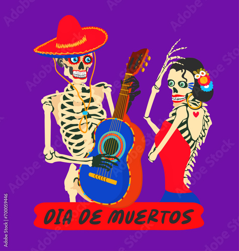 Dia de muertos. Mexican day of the dead. November 2. Vector celebration concept with lettering. Two sceletons dancing and playing guitar. 