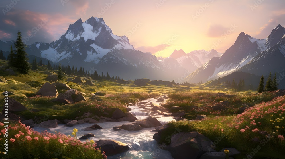 Beautiful panorama of alpine meadow and mountain river at sunset - obrazy, fototapety, plakaty 