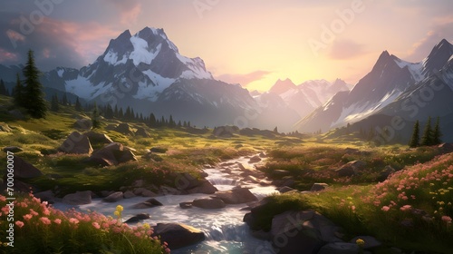 Beautiful panorama of alpine meadow and mountain river at sunset