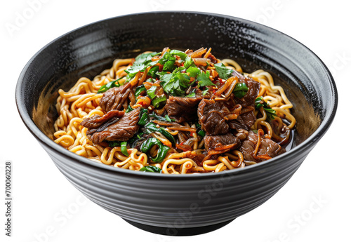 Black bowl with noodles with beef isolated on transparent background