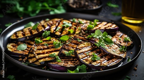 A platter of freshly grilled aubergine. Serving fancy eggplant in a restaurant. photo