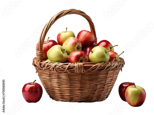 a realistic portrait of apples in a basket isolated on absolutly white background photo