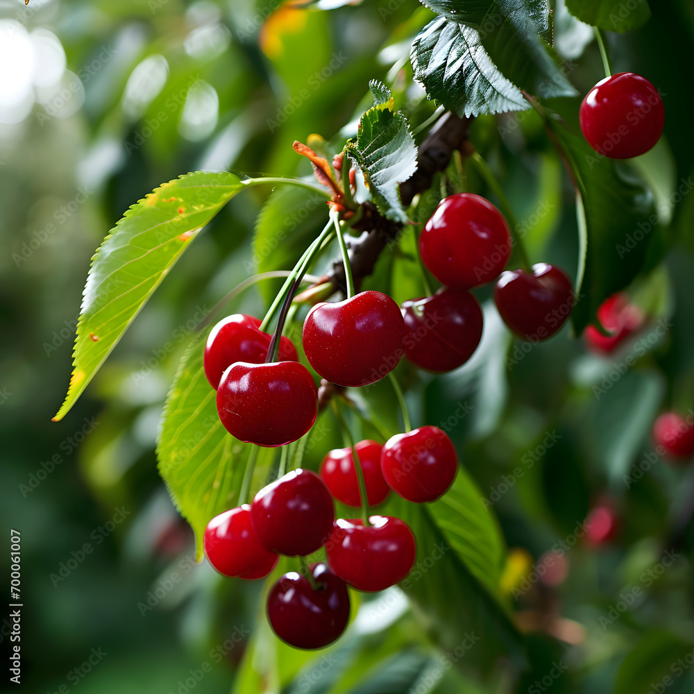 Branch of ripe cherries on a tree in a garden Branch of ripe cherries on a tree in a garden