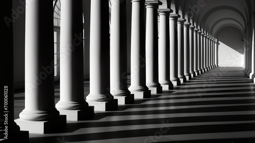 Antique architectural background with a line of columns  colonnade with shadow from columns. Abstract black and white background.