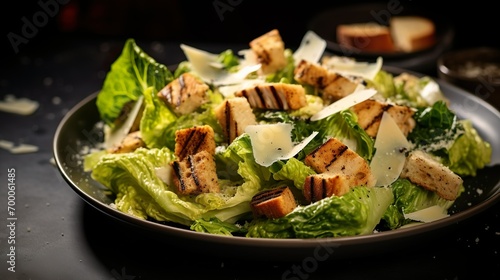 Closeup of Classic healthy grilled chicken caesar salad with cheese, tomatoes, and croutons on wooden table over dark background. Serving fancy food in a restaurant. photo
