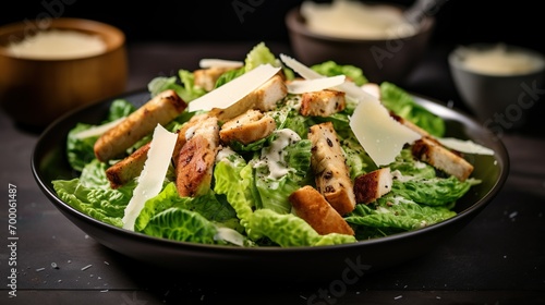 Traditional healthy grilled chicken caesar salad with cheese, tomatoes, and croutons on wooden table over black background. Serving fancy food in a restaurant.