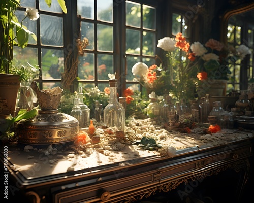 Interior of an old house with flowers in a vase.
