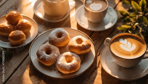 Pączki posypane cukrem pudrem i kawa cappuccino w filiżankach