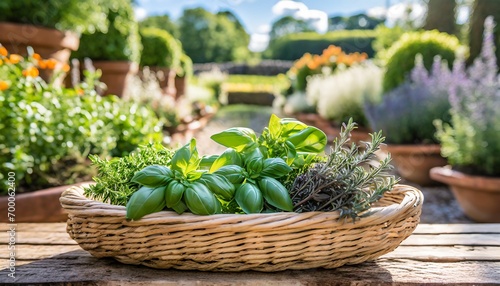 Fresh herbs in a wicker basket. A garden in the background

 photo
