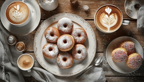 Pączki posypane cukrem pudrem i kawa cappuccino w filiżankach photo