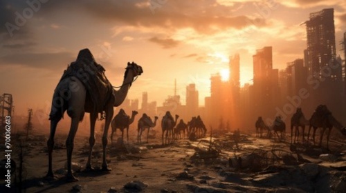 visually striking composition of camels traversing through the remnants of a city  framed by dilapidated high-rise buildings  with the sun setting behind them against a picturesque blue sky