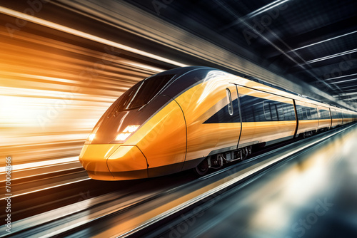 Generative AI illustration of high-speed train in motion with dynamic motion blur through a modern station